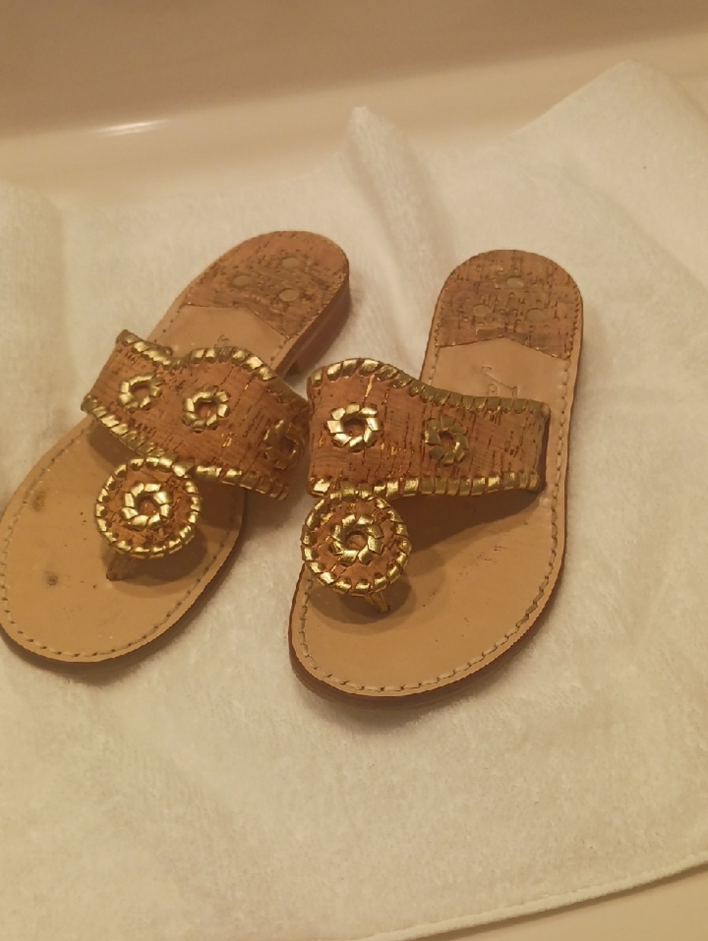 Jack Rogers Tan Cork Leather Sandals with Gold Trim
